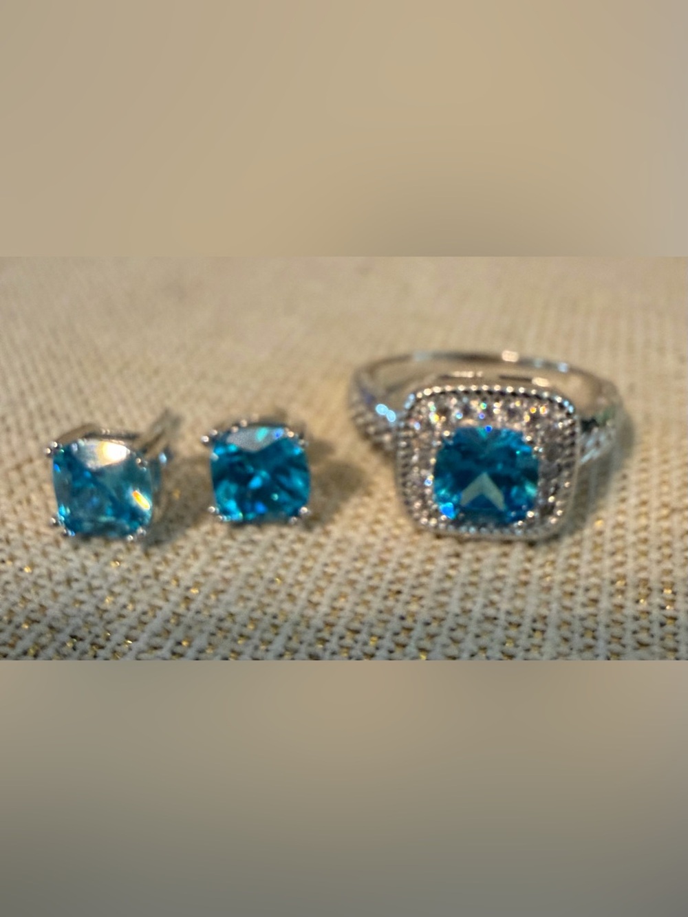 Sterling Silver Blue Topaz Halo Ring and Stud Earrings Set - Picture 2 of 5
